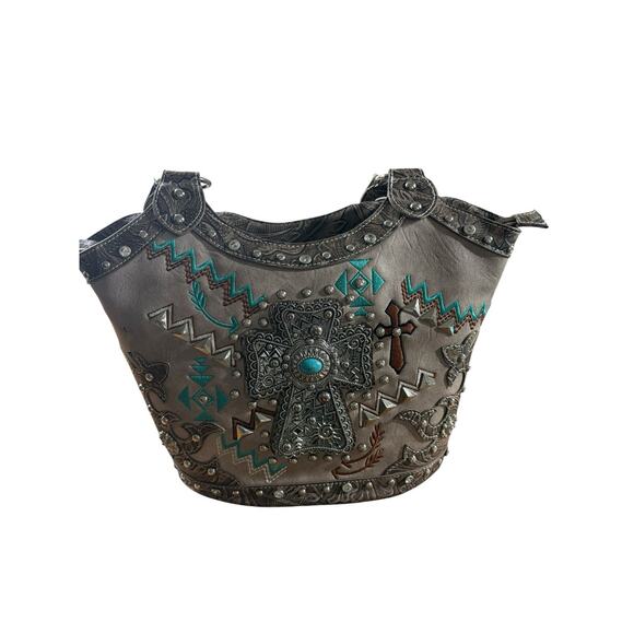 Cowgirl Trendy Tote Bag Concealed Weapon Rhinestone Studded Turquiose Southwest - Picture 9 of 14